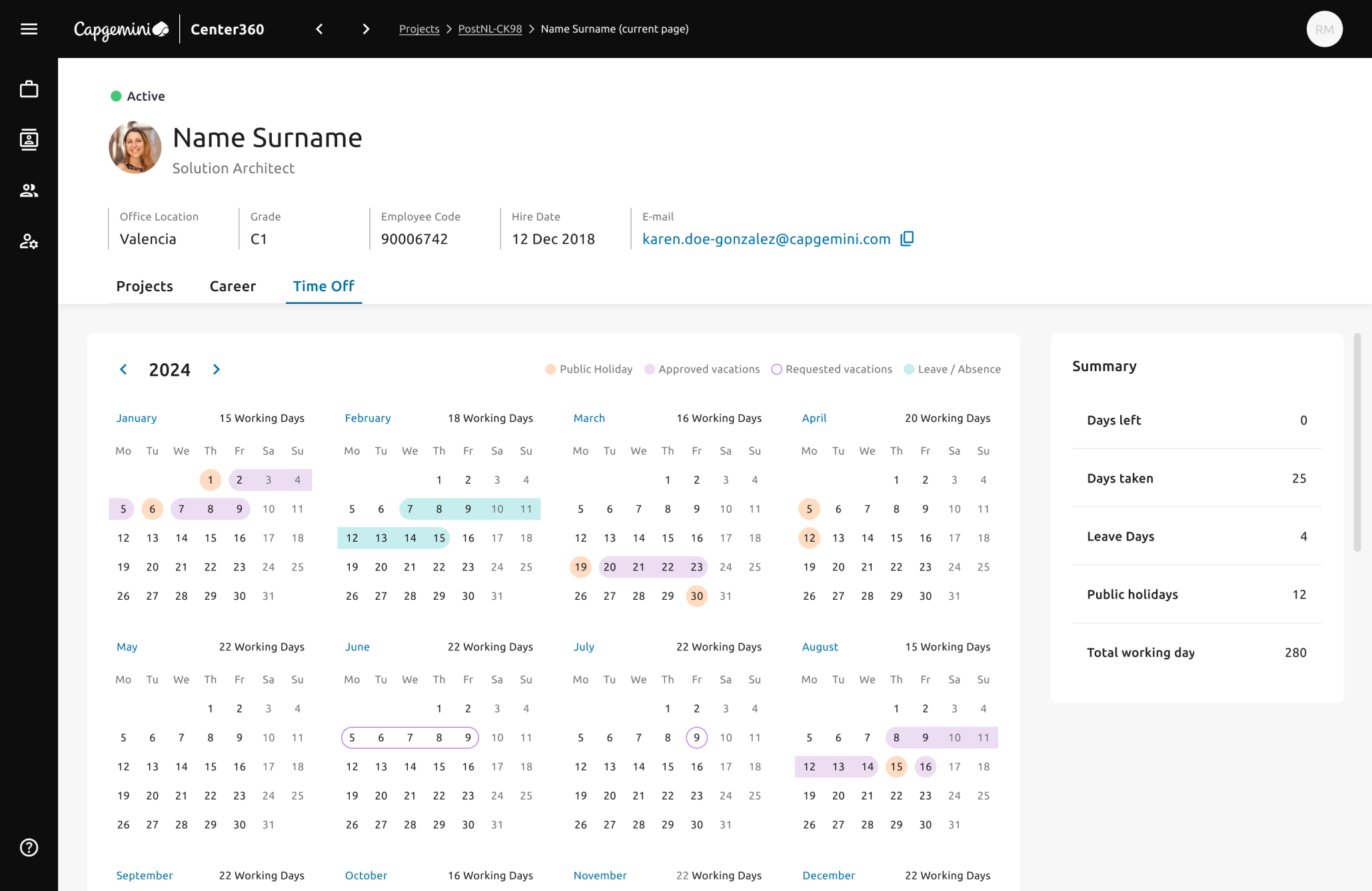 Employee profile with the time off calendar