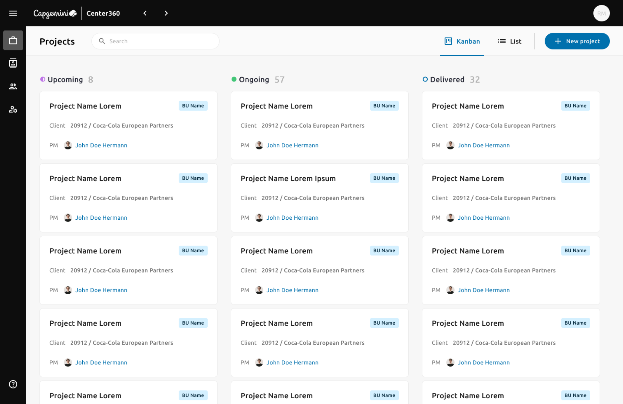 Projects overview as a kanban by status: upcoming, ongoing, delivered