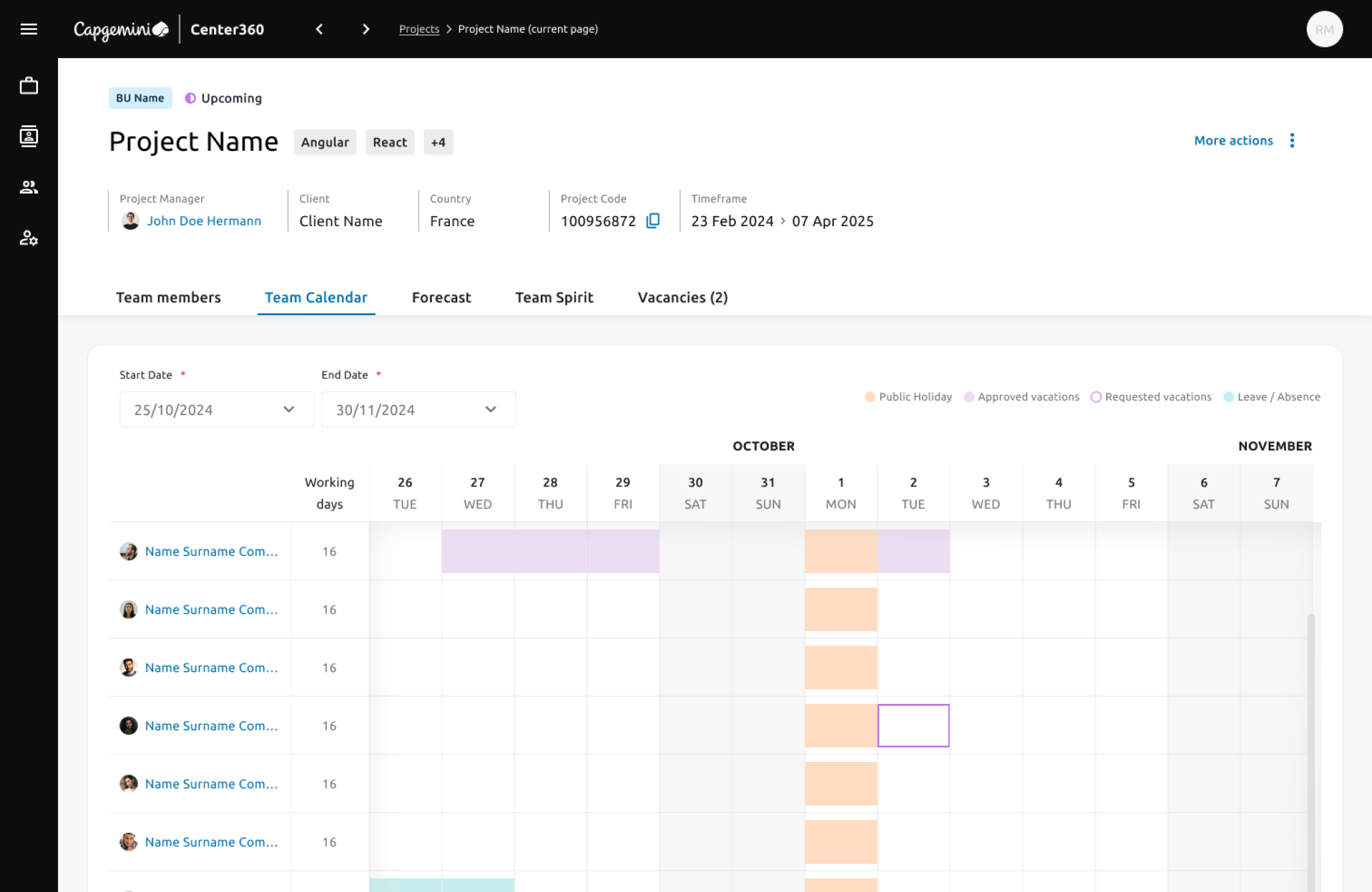 Team calendar showing public holidays, approved and requested vacations and absences for every team member